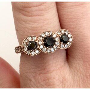 Rose Gold Triple Halo Onyx & Clear CZ 925 Sterling Silver Vintage Ring - sz 8